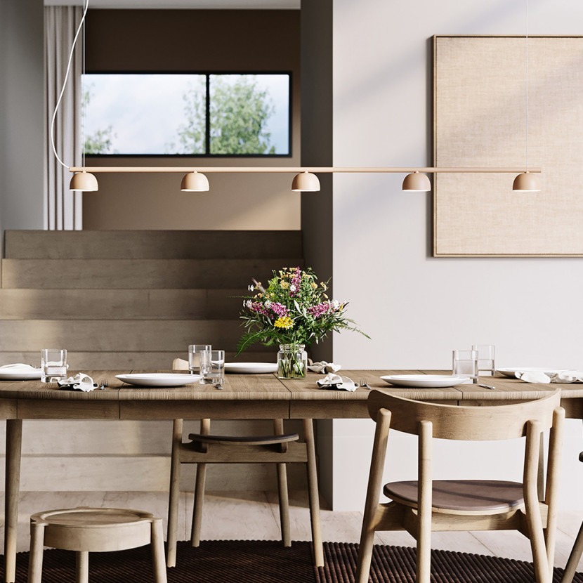 Northern Blush Rail LED Pendant Over Kitchen Island