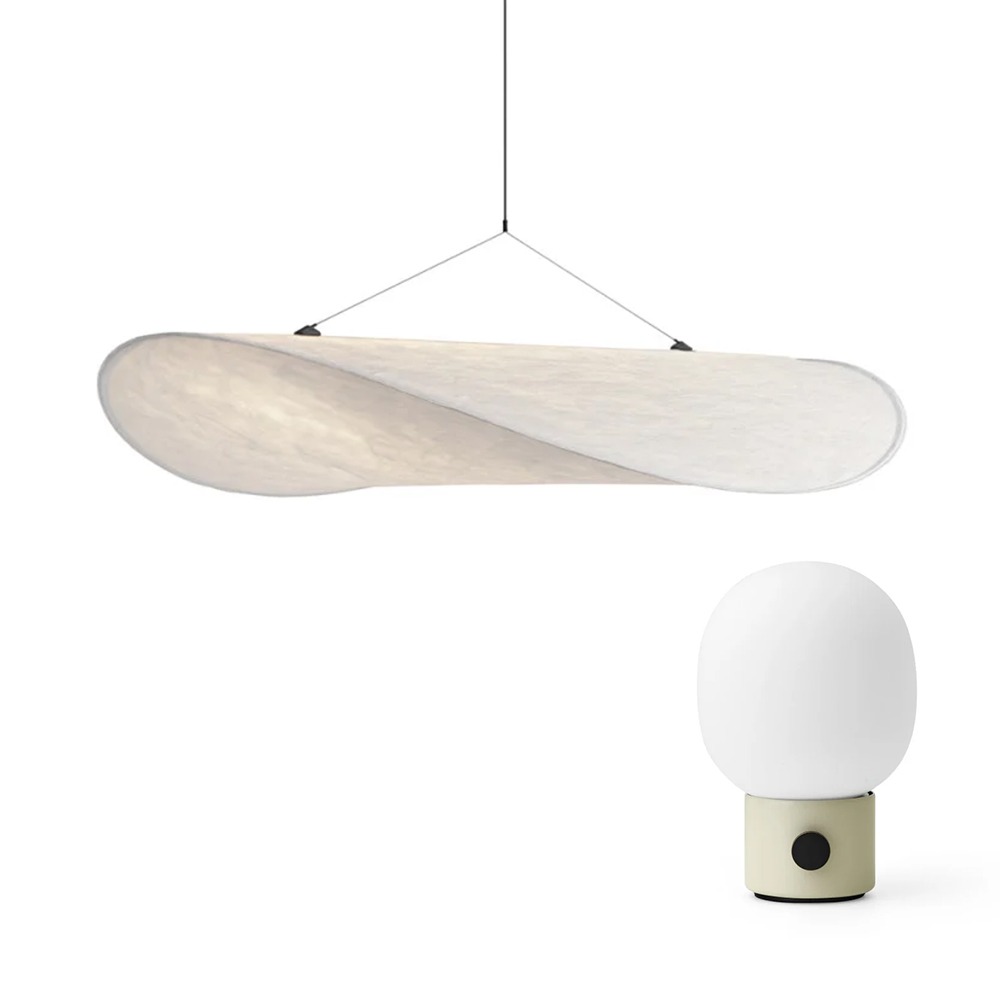 The New Works Tense LED Pendant & The Audo Copenhagen JWDA Portable Table Lamp