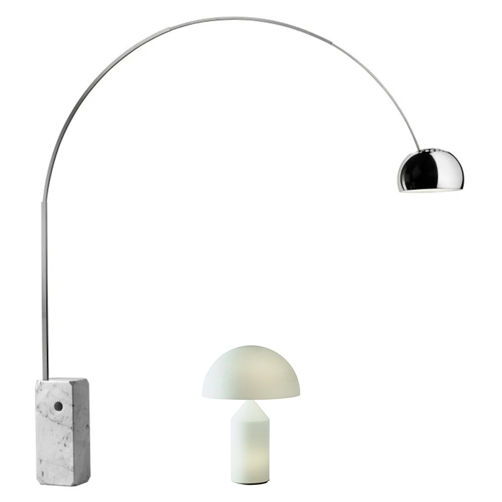 The Flos Arco Floor Lamp & The Oluce Atollo Opal Glass Lamp