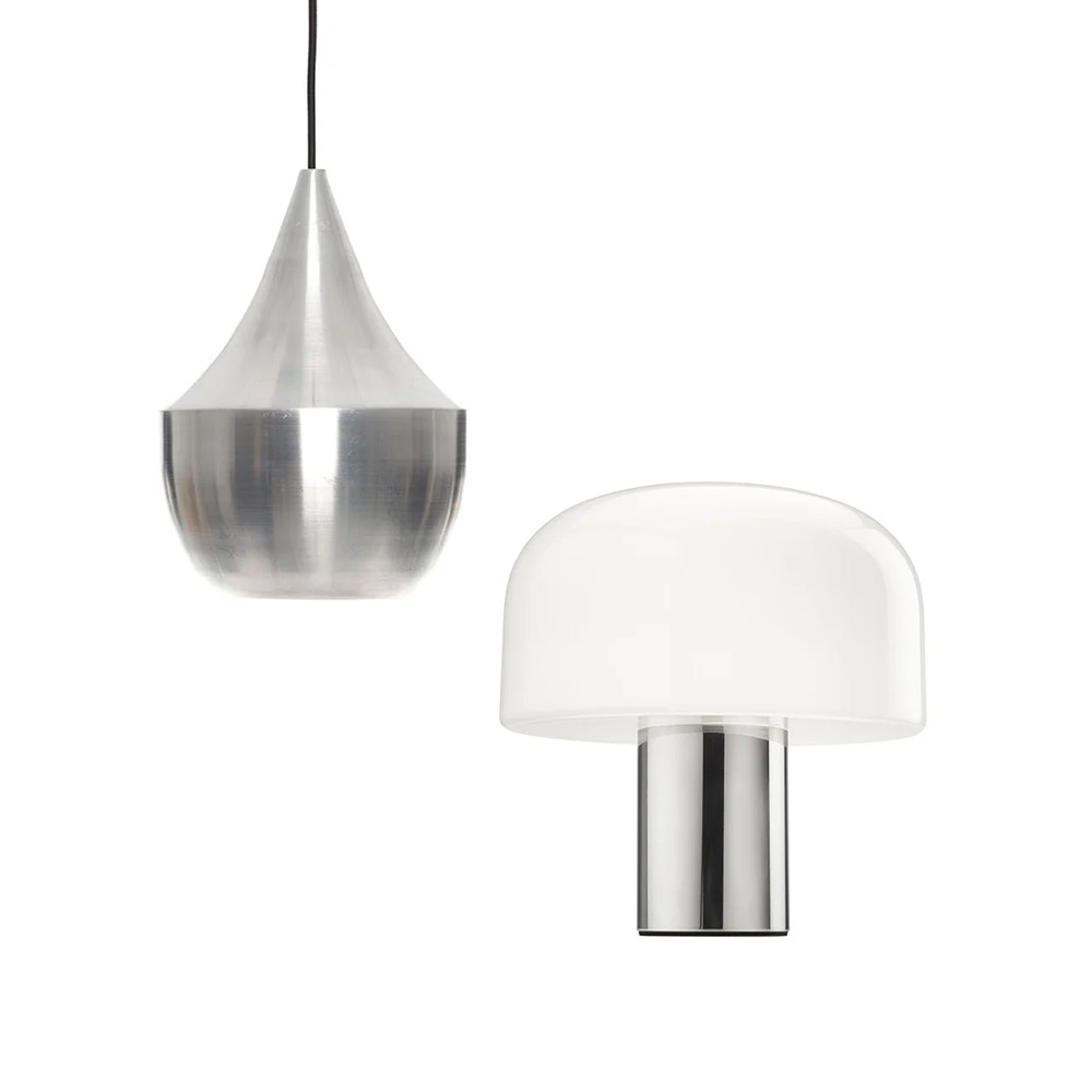 The Tom Dixon Unbeaten LED Fat Pendant & The Flos Bellhop Glass Table Lamp