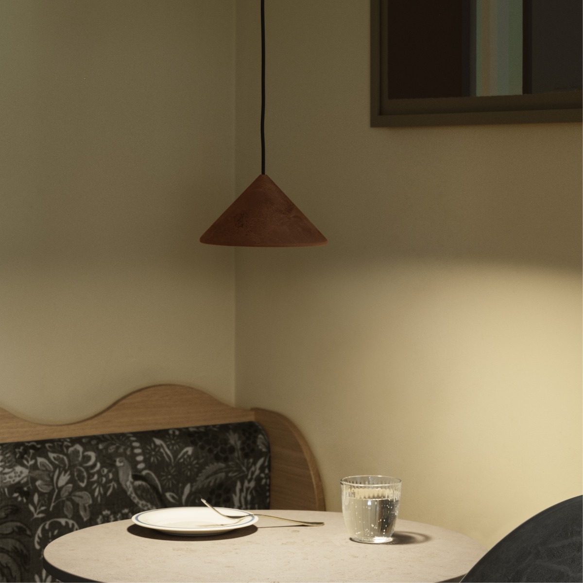 Mater_02542_Terra Pendant_Wood Waste Rust Red_Mater Table_11995_Lights on.jpg